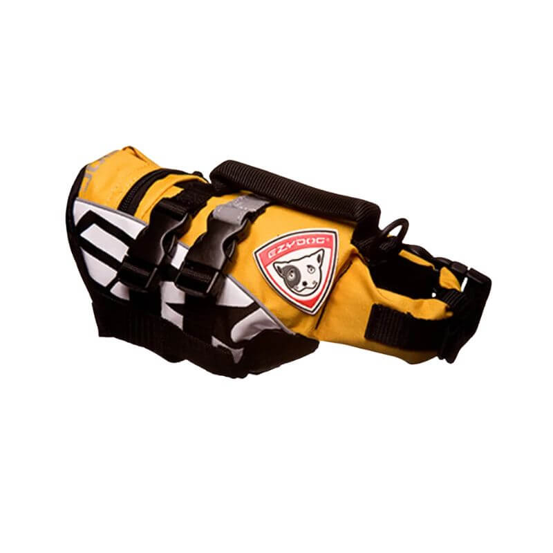Keltainen koiran pelastusliivi kantokahvalla ja säädettävillä naruilla.