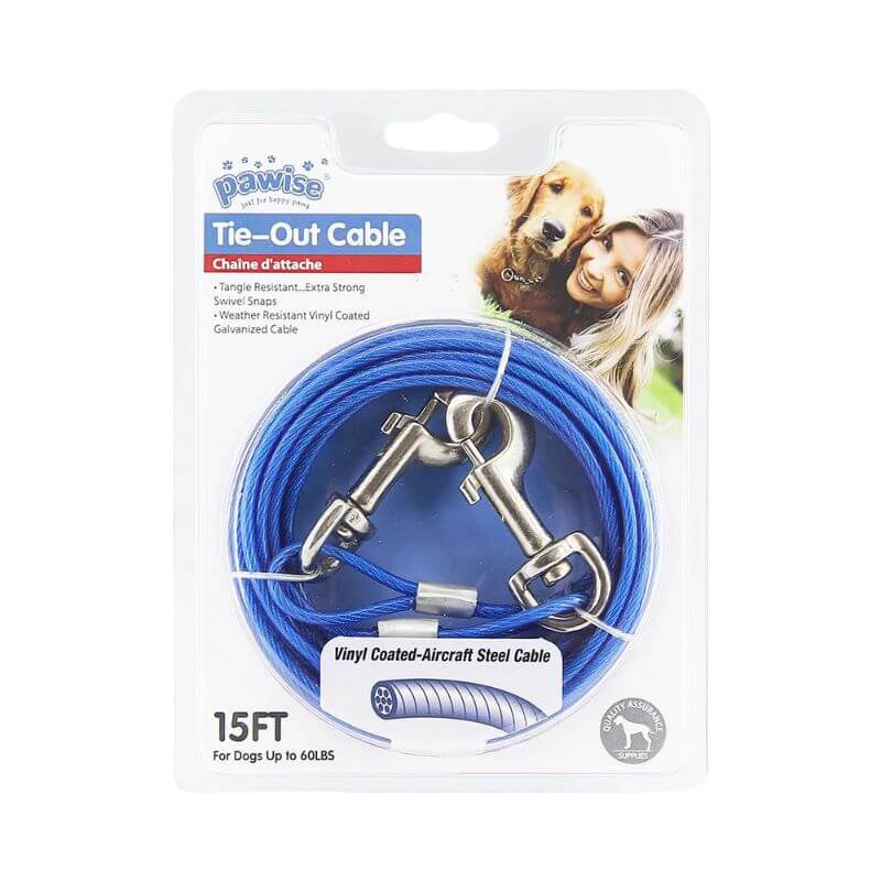 Sininen koiran vaijeritalutin jossa on kaksi pistoolilukkoa.