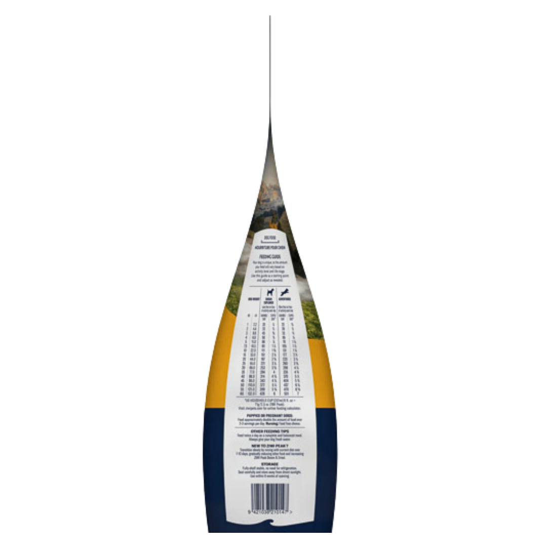 ZiwiPeak ilmakuivattu kana koiranruokapussin annostelutaulukko.