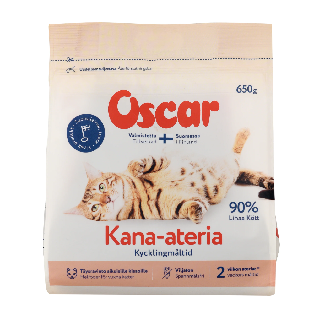 Oscar Kana-ateria kissoille 650 g kotimainen kuivaruoka kissoille