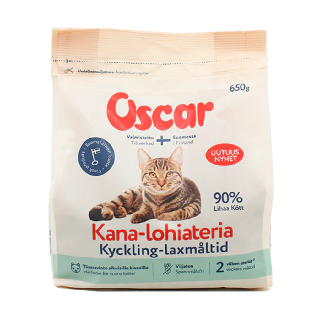 Oscar Kana-lohiateria kissoille 650 g kotimainen kuivaruoka kissoille