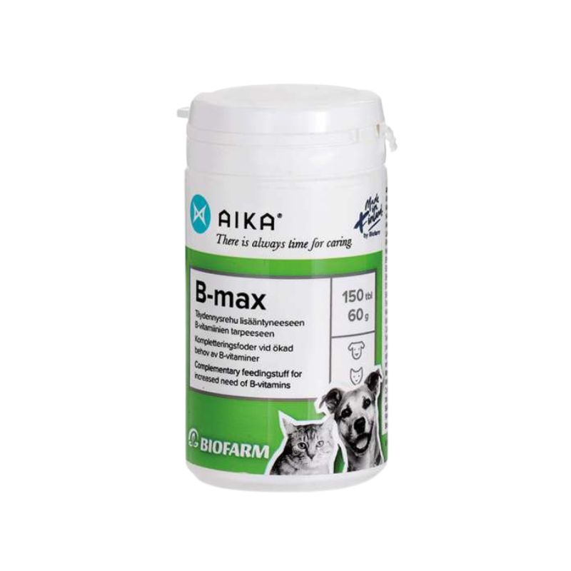 AIKA B-max 150 tablettia sisältävä täydennysrehupurkki koiirille ja kissoille lisääntyneeseen B-vitamiinin tarpeeseen. 