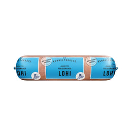 Ruotoineen jauhettua lohta raakapakasteena 500 g pötkössä koirille ja kissoille raakaruokintaan.