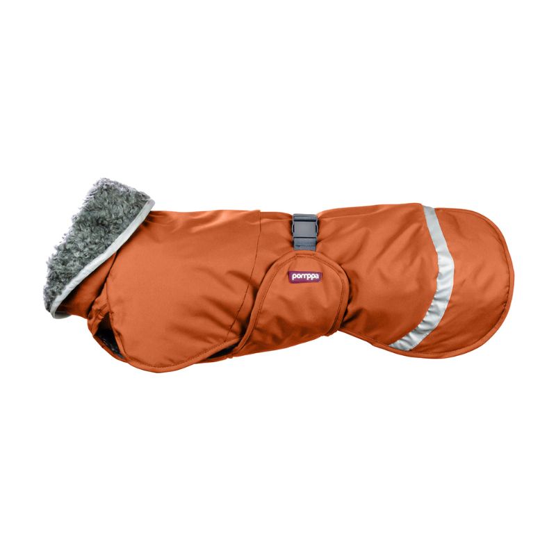 Oranssi vuorellinen koiran talvitakki heijastimilla.