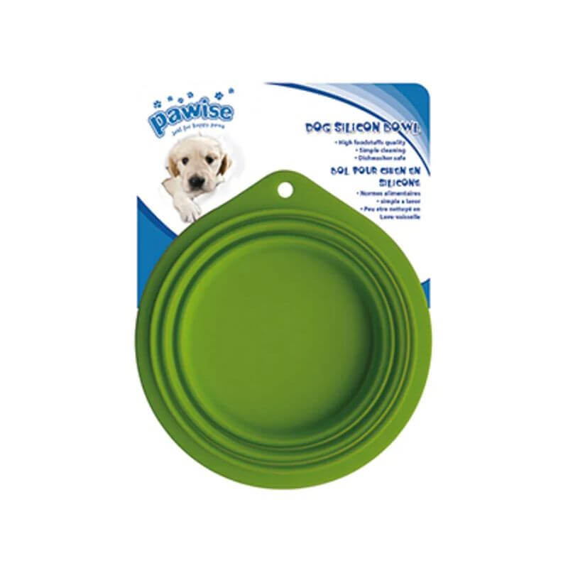 Vihreä kokoontaitettava koiran matkakuppi.